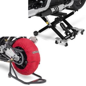 Sett: Motorsykkel dekkvarmer sett Laguna Seca 60-80°C 17" i rødt ConStands med lift Midlift XL opp til 500kg sw