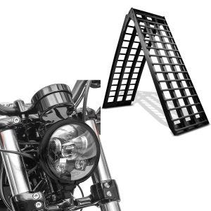 Sett: Aluminium adkomstrampe Constands V svart, opptil 680 kg, sammenleggbar, for motorsykkel, scooter, quad, ATV + LED-hovedlys 5,75 tommer egnet for Harley Davidson hovedlykt svart Craftride
