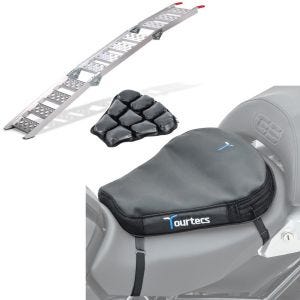 Sett: Motorsykkeltilgangsrampe opp til 270 kg Alu-III tre ganger sammenleggbare ConStands med motorsykkelluftpute Air Deluxe M sw