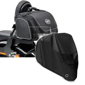 Sett: Motorsykkel hale bag TM2 Sissybar bag 14 liter svart Craftride med motorsykkel presenning XL deksel i svart