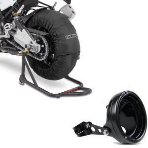 Sett: Motorsykkel dekkvarmer Billown 60-80-95 °C 17" svart ConStands med frontlys høyde 7" med gaffelholder 35-43mm svart