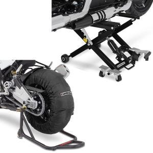 Sett: Motorsykkel dekkvarmersett Laguna Seca 60-80°C 17" sw ConStands med lift Midlift XL motorsykkeljekk opp til 500kg sw