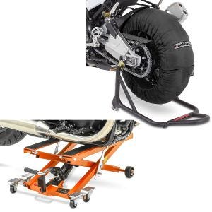 Sett: Motorsykkel dekkvarmer sett Billown 60-80-95 °C 17" sw ConStands med lift Midlift XL opp til 500 kg oransje