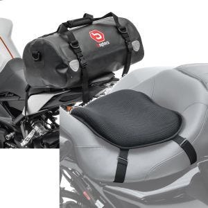 Sett: Motorsykkel halebag Drybag XF30 vanntett volum 30l Bagtecs med gel setepute L komfortpute sw
