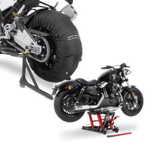 Sett: Motorsykkel dekkvarmer Billown 60-80-95 °C 17" sw ConStands med lift Midlift L opp til 680 kg rød