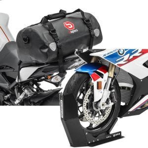 Sett: Motorsykkel hale bag Drybag XF30 vanntett volum 30l Bagtecs med transportstativ Easy-Fix opp til 21 tommer svart matt