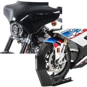 Sett: Batwing kåpe egnet for Harley Davidson Road King / Softail / Fat Boy Craftride svart + transportstativ ConStands Easy-Fix motorsykkelrocker opp til 21 tommer matt svart