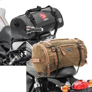 Sett: Motorsykkel hale bag Drybag XF30 wd volum 30l Bagtecs med hale bag Vintage 25L brun
