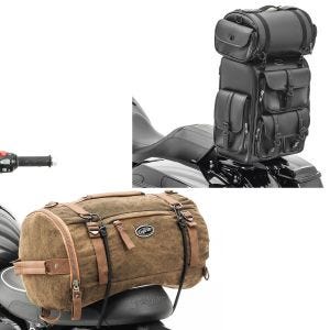 Sett: Sissybar bag med bagasjerull egnet for Chopper DLX PU skinn Craftride med motorsykkel hale bag Vintage 25L brun