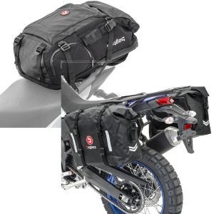 Sett: Motorsykkelryggsekk HX5 vanntett 45Ltr med hjelmholder Bagtecs med salvesker wd