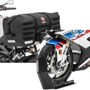Sett: Motorsykkel halebag SX70 70L vanntett i svart Bagtecs med transportstativ Easy-Fix opp til 21 tommer svart matt