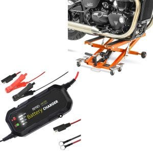 Sett: Motorsykkelløft Midlift XL opp til 500 kg oransje ConStands med batterilader BC2 helautomatisk 1500mA