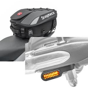 Sett: Motorsykkel halebag X30 kjøpt. 20-30Ltr sw Bagtecs med LED styreindikatorer univ XS egnet for styrebeslag ECE få.