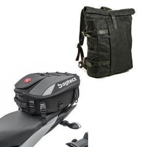 Sett: Motorsykkelryggsekk Canvas VR2 Vintage 20Ltr Retro sw Craftride med haleveske X30 utvidbar 20-30Ltr sw