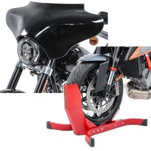 Sett: Batwing fairing egnet for Harley Davidson Road King / Softail / Fat Boy Craftride svart + motorsykkelrocker ConStands Easy-Plus motorsykkelstativ opp til 21 tommer rød