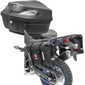 Sett: Motorsykkel toppkoffert XK48 univ 48 liter sw Bagtecs med motorsykkel-salvesker vanntett WP8 2x30L rullelukking.