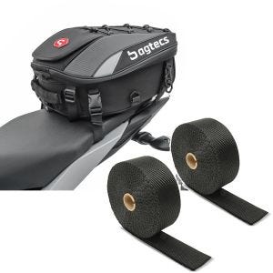 Sett: Motorsykkel hale bag X30 pillion bag utvidbar 20-30Ltr sw Bagtecs med varmebeskyttelsestape, eksostape sw 15m