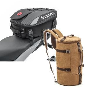 Sett: Motorsykkel hale bag X30 pillion bag utvidbar 20-30Ltr sw Bagtecs med ryggsekk Canvas VG8 Vintage 35Ltr brun