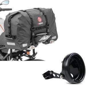 Sett: Motorsykkel hale bag SX45 wd volum 45L rullelukking Bagtecs med frontlys. 7" brakett 35-43mm sw