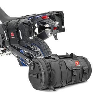 Sett: Motorsykkel-salvesker wd WP8 2x30L rullelukkende sideveske Bagtecs med haleveske TB8 bagasjerull 35Ltr svart.