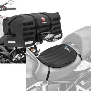Sett: Motorsykkel halebag SX70 70Ltr vanntett sw Bagtecs med gel setepute neopren L gel pute setetrekk sw