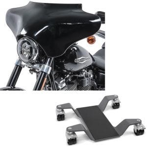 Sett: Batwing kåpe egnet for Harley Davidson Road King / Softail / Fat Boy Craftride svart + manøvreringshjelp for hovedstativ med ABE ConStands Easy Mover II opptil 400 kg i grått