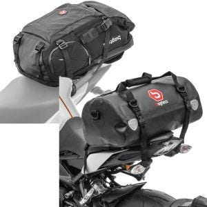 Sett: Motorsykkelryggsekk HX5 vanntett 45Ltr med hjelmholder Bagtecs med halebag Drybag XF30 wd. volum 30l