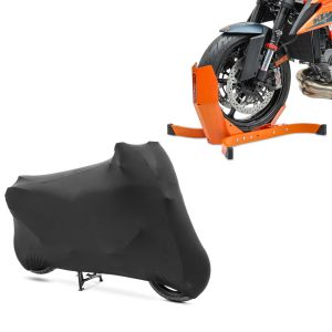 Sett: Motorsykkelvippe Easy-Plus opptil 21 tommer oransje ConStands med motorsykkeldeksel innendørs XL-XXL Stretch Garage sw