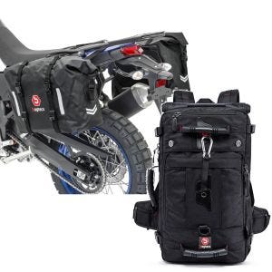Sett: Motorsykkel-salvesker wd WP8 2x30L rullelukkende sideveske Bagtecs med ryggsekk HK4 haleveske 45Ltr svart.