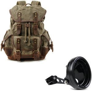 Sett: Motorsykkelryggsekk Canvas RG8 Vintage 20Ltr Retrogrønn Craftride med frontlykter. 7" brakett 35-43mm sw