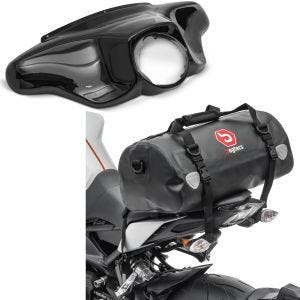 Sett: Batwing fairing egnet for Harley Davidson Touring 96-13 Craftride i svart + motorsykkel hale bag Drybag Bagtecs XF30 vanntett volum 30l