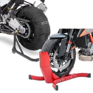 Sett: Motorsykkel dekkvarmer sett Billown 60-80-95 °C 17 tommer sw ConStands med motorsykkelvippe Easy-Plus opp til 21 tommer rød
