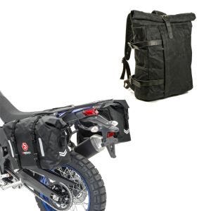Sett: Motorsykkelryggsekk Canvas VR2 Vintage 20Ltr Retro sw Craftride med salvesker wd WP8 2x30L rullelukking