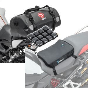 Sett: Motorsykkel halebag Drybag XF30 vanntett volum 30l Bagtecs med luftpute Air Deluxe S komfortsetepute svart