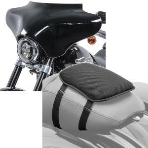 Sett: Batwing fairing egnet for Harley Davidson Road King / Softail / Fat Boy Craftride svart + motorsykkel gel setepute Tourtecs S komfortpute universal i svart