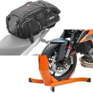 Sett: Motorsykkelryggsekk HX5 vanntett 45 liter med hjelmholder Bagtecs med motorsykkelvippe Easy-Plus opptil 21 tommer oransje