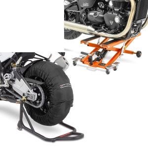 Sett: Motorsykkel dekkvarmer sett Laguna Seca 60-80°C 17" sw ConStands med lift Midlift XL opp til 500 kg oransje