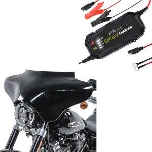 Sett: Batwing fairing passer for Harley Davidson Road King / Softail / Fat Boy Craftride svart + Motorsykkel batterilader Lumitecs BC2 helautomatisk 1500mA