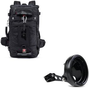 Sett: Motorsykkelryggsekk HK4 halebag 45Ltr sw Bagtecs med frontlyshus 7" med gaffelholder 35-43mm sw
