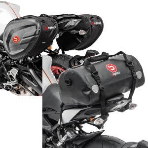 Sett: Sidevesker CRB 40-60 liters volum motorsykkel softshell Bagtecs med bakpose Drybag XF30 vanntett volum 30l