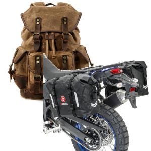 Sett: Motorsykkelryggsekk Canvas RG8 Vintage 20Ltr Retro brun Craftride med salvesker wd WP8 2x30L rullelukking