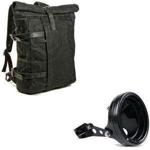 Sett: Motorsykkelryggsekk Canvas VR2 Vintage 20Ltr Retro sw Craftride med frontlykter. 7" med gaffelfeste 35-43mm sw