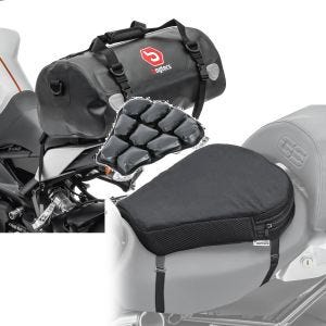 Sett: Motorsykkel halebag Drybag XF30 vanntett volum 30l Bagtecs med motorsykkel luftpute Air M komfort setepute sw
