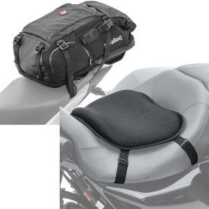 Sett: Motorsykkelryggsekk HX5 vanntett 45 liter med hjelmholder Bagtecs med gel setepute L komfortpute sw