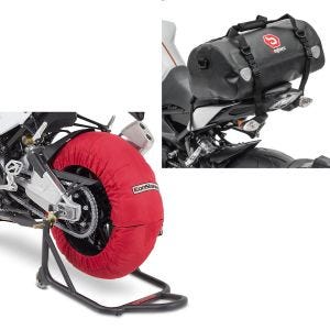Sett: Motorsykkel dekkvarmer sett Laguna Seca 60-80°C 17 tommer i rød ConStands med halebag Drybag XF30 wd