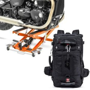 Sett: Motorsykkellift Midlift XL opp til 500 kg oransje ConStands med motorsykkelryggsekk HK4 halebag 45Ltr i svart
