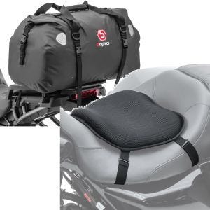 Sett: Motorsykkel halebag Drybag XF60 vanntett volum 60l Bagtecs med gel setepute L komfortpute sw