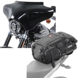Sett: Batwing fairing egnet for Harley Davidson Road King / Softail / Fat Boy Craftride svart + motorsykkel ryggsekk Bagtecs HX5 hale bag vanntett 45Ltr med hjelmholder