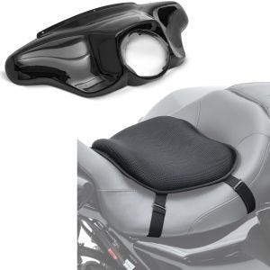 Sett: Batwing fairing egnet for Harley Davidson Touring 96-13 Craftride i svart + motorsykkel gel setepute Tourtecs L komfortpute universal i svart