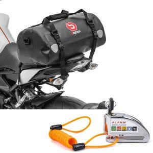 Sett: Motorsykkel hale bag Drybag XF30 wd Volum 30l Bagtecs med bremseskivelås alarm 110dB krom